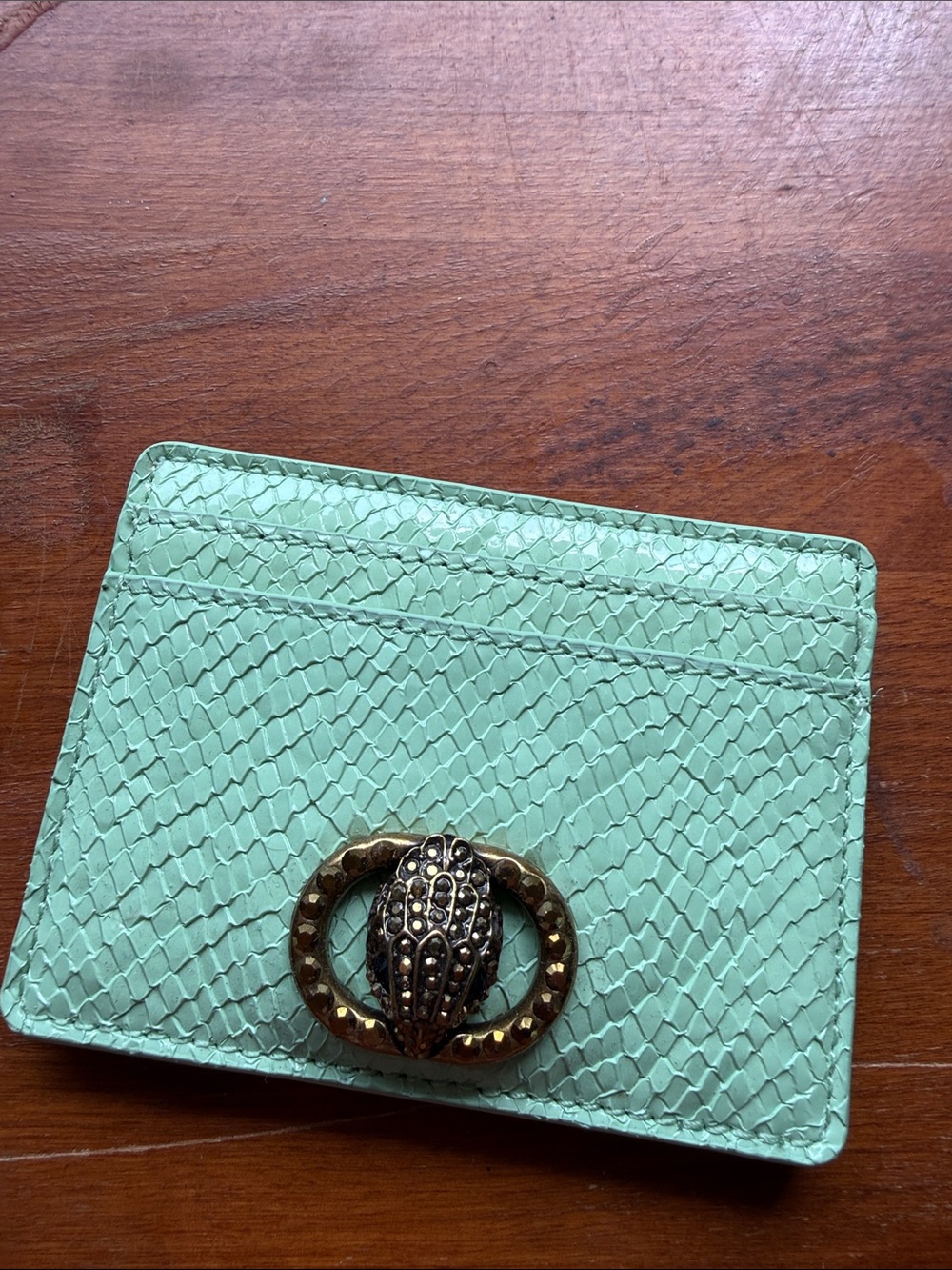 Kurt Geiger Mint Green Snake-Embossed Card Holder with Gold Beetle Accent